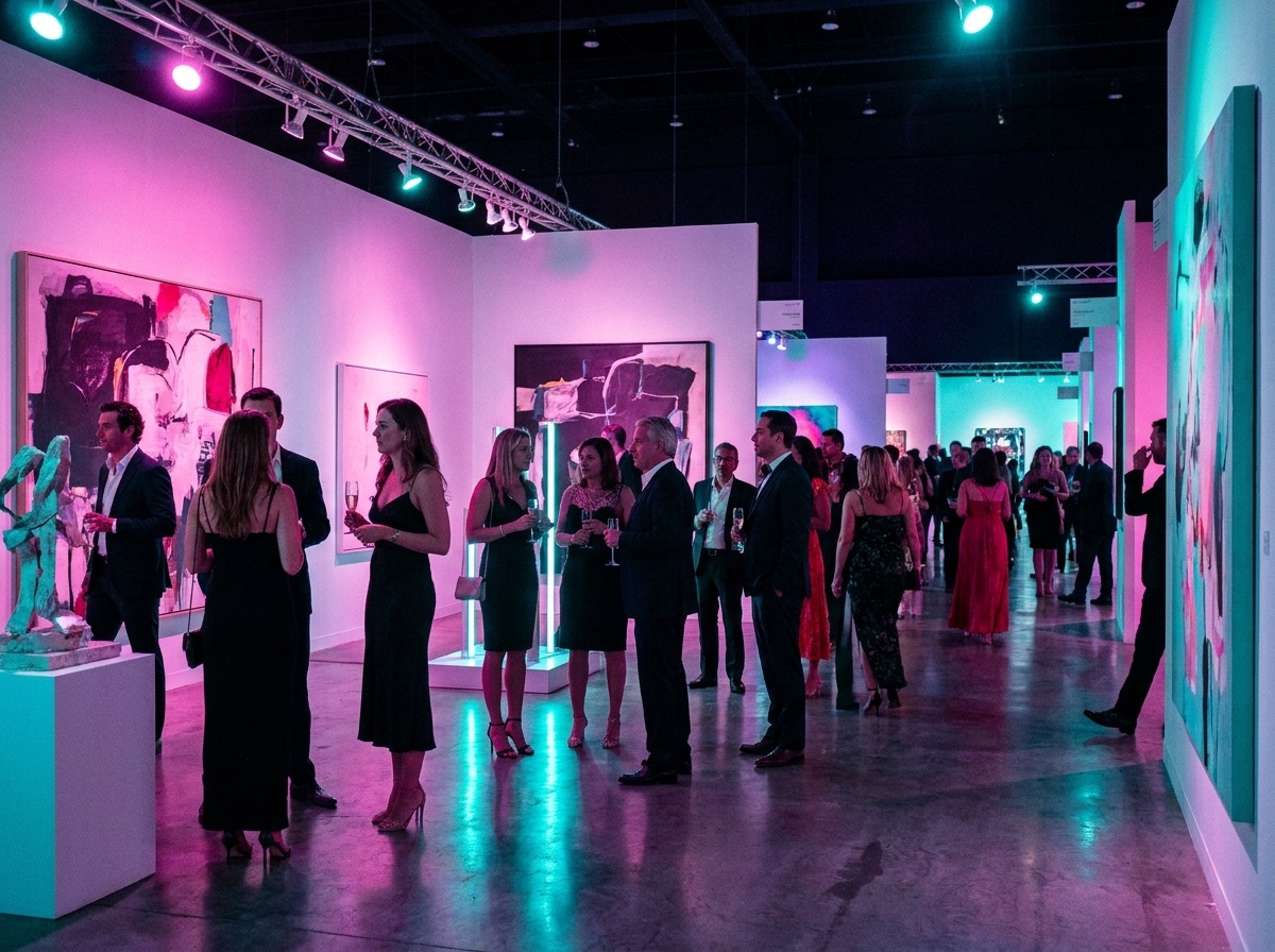 Elegante multitud nocturna dentro de una feria de arte contemporáneo bañada en luz magenta y cian durante la Semana del Arte de Miami