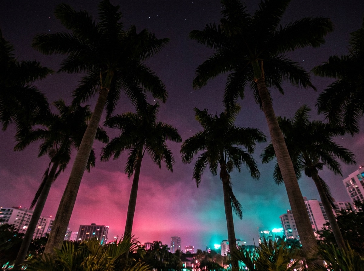Palmas reales recortadas contra un resplandor nocturno magenta y cian sobre Miami Beach