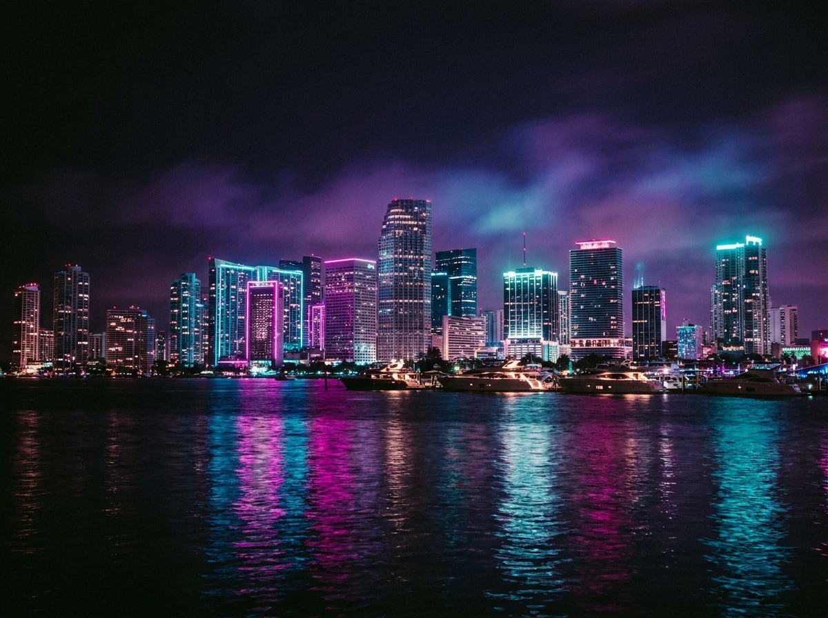 Skyline de Brickell brillando en magenta y cian sobre Biscayne Bay de noche durante el fin de semana del festival en Miami